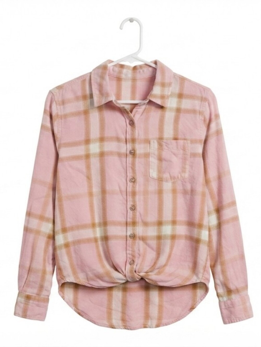 Thereabouts Girls Pink Plaid Flannel Button-Down Shirt Size Medium 10/12 Tie Fro
